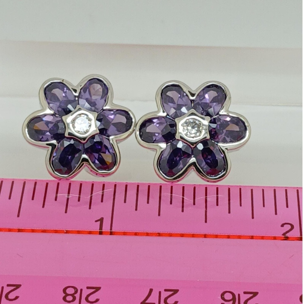 Vintage 1990s Purple Flower Stud Earrings Cubic Zirconia Silver Tone Sim Diamond - Picture 5 of 17